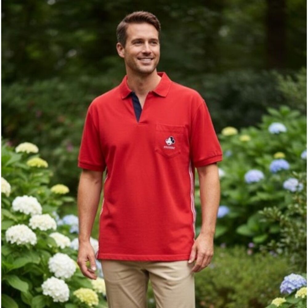 Disney Mickey Mouse Polo Golf Shirt Embroidered Logo Red Mens Size L